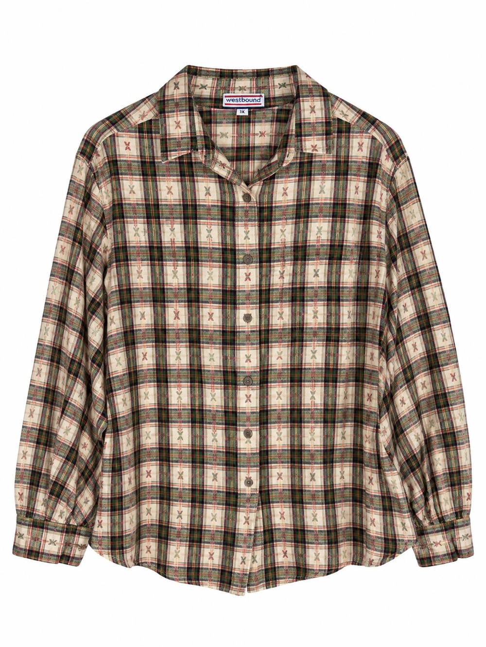 Westbound Womens 1X Plaid Button Front Long Sleeve Shirt Blouse